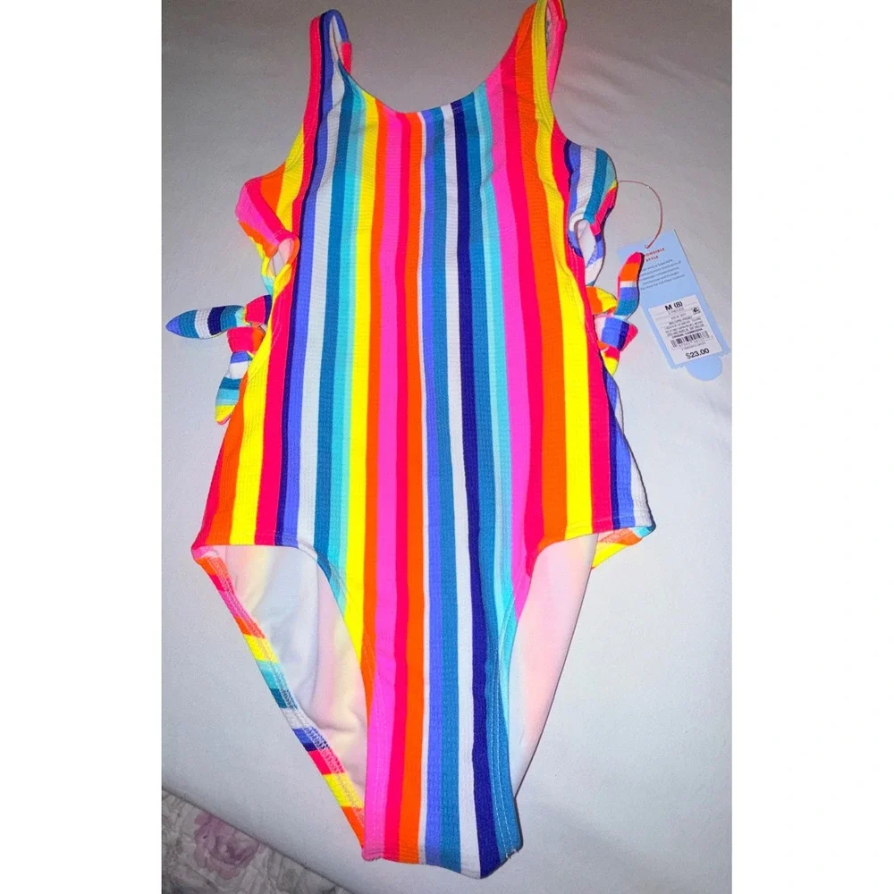 Cat & Jack Swimsuit Set Kids M8 Multi New Rainbow Striped 2pc Tankini Shorts